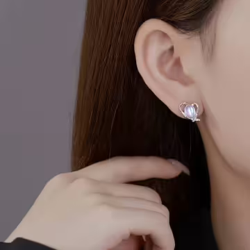 銀線條愛心貓眼石×吊墜耳環