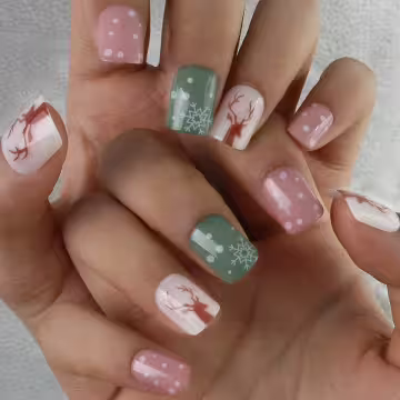 紅綠聖誕小鹿亮面×穿戴式手指甲片×二十四入