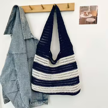 條紋拼接鏤空針織×肩背包×深藍