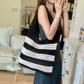 條紋拼接鏤空針織×肩背包×黑色