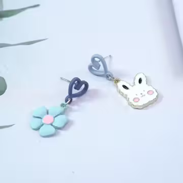 愛心棉花糖兔兔藍花×不對稱吊墜耳環