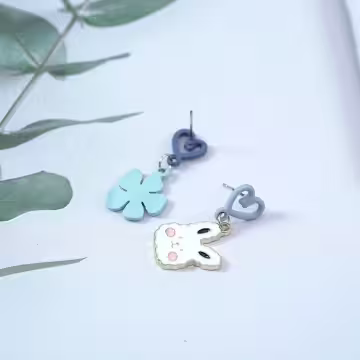 愛心棉花糖兔兔藍花×不對稱吊墜耳環