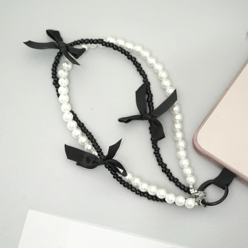 芭蕾風蝴蝶結珍珠&times;雙層手機腕帶掛繩&times;黑色.avif