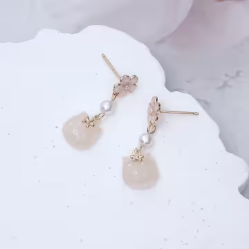 粉櫻貓咪×吊墜耳環